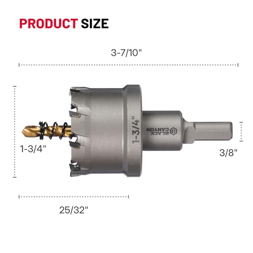 BLACK CANYON 1-3/4" Carbide Hole Saw, Doubling as Hole Saw & Drill bit with 3-Flat Shank and YG10X Carbide Cutter Head. Ideal for Stainless Steel, Aluminum, Carbon Steel - size: 1-3/4 inch