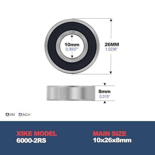 XiKe 2 Pcs 6000-2RS Double Rubber Seal Bearings 10x26x8mm, Pre-Lubricated and Stable Performance and Cost Effective, Deep Groove Ball Bearings. - size: 6000-2RS Size 10x26x8mm