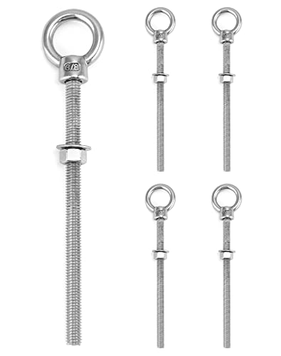 QWORK Threaded Eyebolts, 5 Pack 3/8" x 6" Long Stainless Steel Marine Grade Shoulder Eye Bolt - color: 5 Pack, size: 3/8" x 6"
