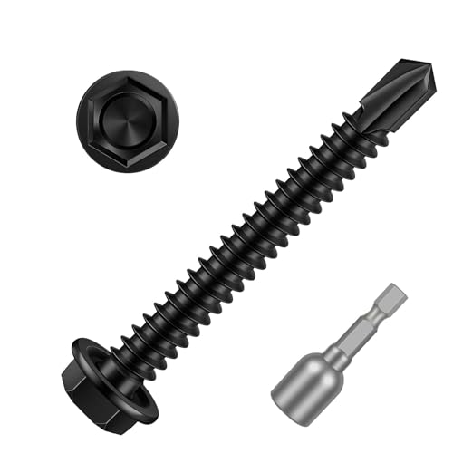 #10 x 2 Hex Washer Head Self Drilling Sheet Metal Screws with Drill Point, 410 Stainless Steel Self Tapping Screws for Metal, Black Oxide, 50 PCS - color: Black, size: #10 x 2"