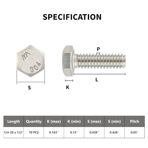 VGBUY 70Pcs 1/4-20 x 1/2" Hex Head Screws Bolts,304 Stainless Steel 18-8,Fully Threaded,External Hex Drive,Mounting Chair,Rail,Pump,Wheels,Handles,Antenna Parts,Boat and Plastic Bumpers(VG10201) - size: 1/2", style: 1/4-20"