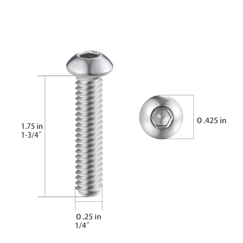 Wensilon (50Pcs) 1/4-20 * 1-3/4 Button Head Socket Cap Bolts Screws, 304 Stainless Steel, Allen Hex Drive, Bright Finish, Fully Machine Thread - color: Silver, size: B 1/4-20*1-3/4