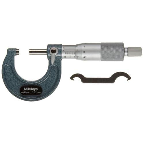 Mitutoyo 103-129 Outside Micrometer, Baked-enamel Finish, Ratchet Stop, 0-25mm Range, 0.001mm Graduation, +/-0.002mm Accuracy