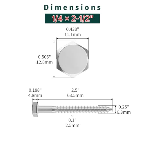 1/4 x 2-1/2" Hex Head Lag Screws Bolts with Flat Washers (20 Sets), 304 Stainless Steel 18/8, Partial Thread, Deck Screws, Heavy Duty Hex Head Wood Lag Screws, Fayeploo - size: 1/4 x 2-1/2"