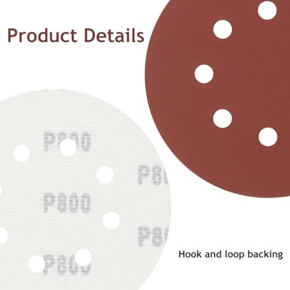 5 Inch 8 Hole Sanding Discs Hook and Loop, 50 PCS 800 Grit Round Sand Paper Disc, Aluminum Oxide Sandpaper Pads for Random Orbital Sander - style: 800 Grit,50-Pack