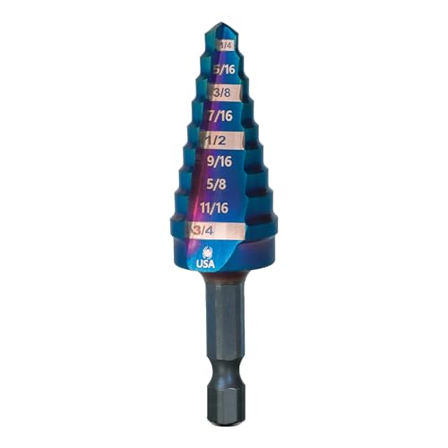 Spyder 1/4 to 3/4-inch Hex Shank 9-Step HSS Drill Bit with Mach-Blue Armor Plating for Steel, Aluminum, Stacked Materials, and More. - size: 1/4-Inch to 3/4-Inch