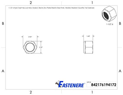 Fastenere Nylon Insert Hex Lock Nuts 1-1/2"-6 Grade 2 Zinc, Clear Finish, Vibration-Resistant, Durable Hardware Nuts for Secure Fastening, Locking Nut, (1-Pack) - size: 1-1/2"-6 (1 Pack)
