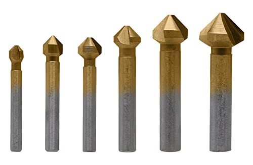 6 Pack 3 Flute 90 Degree Countersink Drill Bit Set, Titanium HSS Chamfering Tool Set Metric End Mill Cutter Bits, Deburring Chamfering Bit for Metal, Wood, Aluminum, Stainless Steel