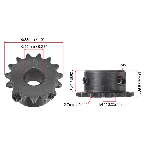 uxcell 15 Tooth Roller Sprocket B Type, #25 Chain, Single Strand 1/4" Pitch, 10mm Bore Black Oxide C45 Carbon Steel with Set Screws for ISO 04C - size: 10mm