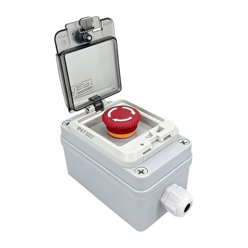 Waterproof Emergency Stop Switch with Box, 500V 10A Red Mushroom E-Stop Push Button, Outdoor Weatherproof Stop Box with Transparent Cover, 22mm 1NO 1NC Anti-Misoperation Quick Stop Switch - color: Red emergency stop button switch box