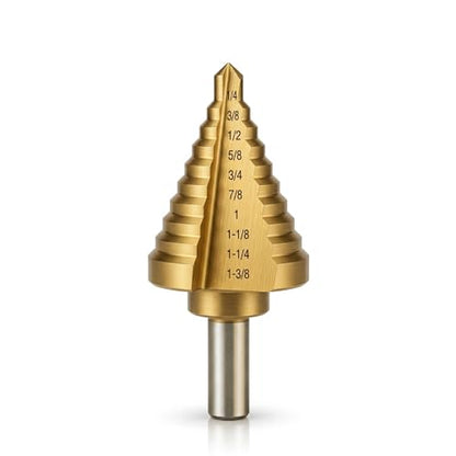 Step Bit-10 Steps Titanium Coating High Speed Steel Step Drill Bit Set Unibit with Dual Flute Straight Grooved for Metal Hole Drilling-1/4 to 1-3/8" - size: 1 pc