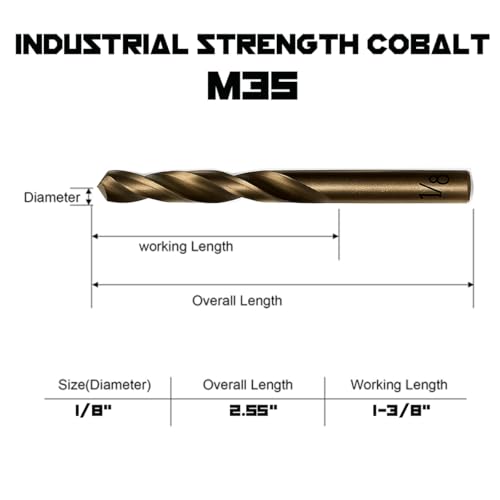Narwhal 1/8 Inch Cobalt Drill Bits (13 Pack - Industrial Grade M35 Cobalt) 2.55" Length & 135 Degree Split Point for Drilling Into Metal, Hardened & Stainless Steel, Cast Iron, & More! - size: 1/8 in