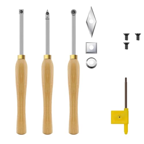 3 Piece Set Carbide Tip Wood Lathe Turning Tool Kit, Lathe Roughing and Finishing Hollow Tool Interchangeable wood Handle with Diamond Round Square Carbide Inserts
