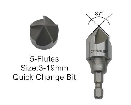 CONQUER 5 Flute Metal Countersink Drill Bit, 1/4" Hex Shank, 1/8"-3/4" - size: 1/8"-3/4" (3-19mm)