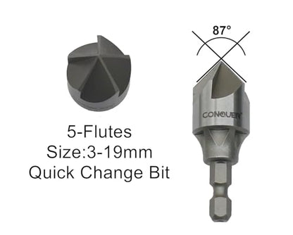 CONQUER 5 Flute Metal Countersink Drill Bit, 1/4" Hex Shank, 1/8"-3/4" - size: 1/8"-3/4" (3-19mm)
