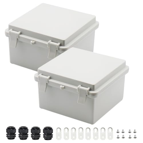 Zulkit 2pcs Junction Box ABS Plastic Dustproof Waterproof IP65 Electrical Boxes Hinged Shell Outdoor Universal Project Enclosure with 2 Cable Glands 5.9 x 5.9 x 3.5 inch (150x150x90 mm) - size: 5.9" x 5.9" x 3.5"(2pcs)
