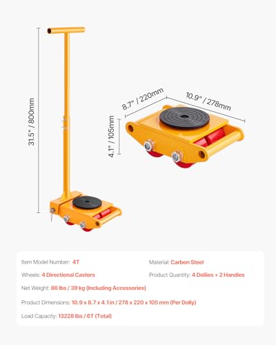 VEVOR Machine Skate, 6T Machinery Skate Dolly, 13228 lbs Machinery Moving Skate, Machinery Mover Skate with 360° Rotation Cap and PU Directional Rollers, Heavy Duty Industrial Moving Equipment, Yellow