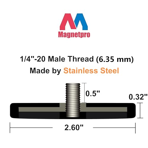 Magnetpro 2 Pieces Strong Rubber Coated Mounting Magnets 65 LB - size: 65LB - 1/4"-20 Male SS 2P