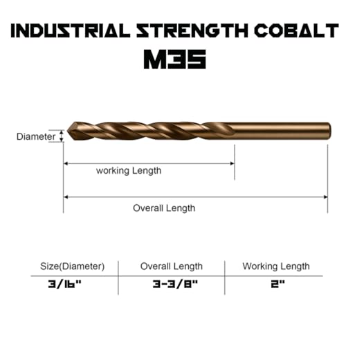 Narwhal 3/16 Inch Cobalt Drill Bits (13 Pack - Industrial Grade M35 Cobalt) 3-3/8" Length & 135 Degree Split Point for Drilling Into Metal, Hardened & Stainless Steel, Cast Iron, & More! - size: 3/16 in