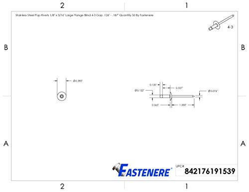 Fastenere Large Flange Pop Rivets - 1/8" x 3/16" (50 Pack) Heavy Duty, Stainless Steel Blind Rivets, Open End 4-3 Grip Range .126" - .187", Corrosion Resistant, High Tensile & Shear Strength - size: 1/8" x 3/16" (4-3) (50 Pack)