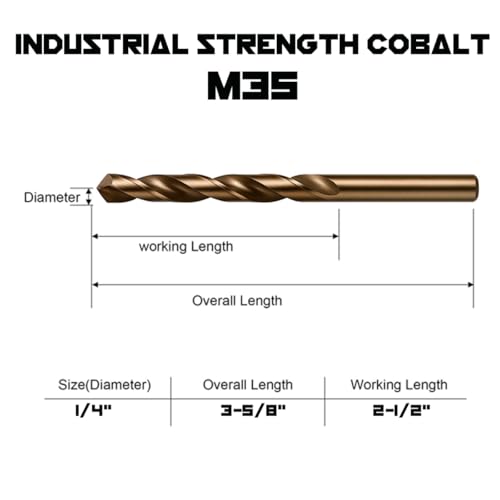 Narwhal 1/4" Drill Bits (M35 Cobalt - 13 Pack) 4 Inch Length for Drilling Into Metal, Hardened & Stainless Steel - size: 1/4 in