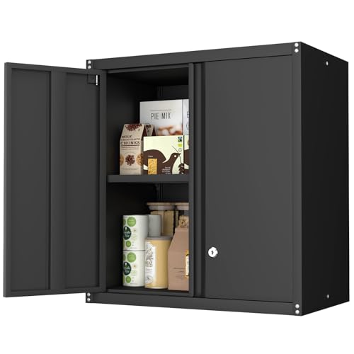IRONFFICE Wall Cabinet Storage, Locking Wall Cabinet with 2 Doors,Garage Storage Cabinet for Home Office,Gym,Garage,Black - color: Black, size: 27.95"H