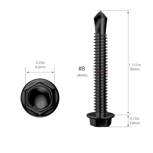 Wensilon (150Pcs) #8×1-1/2" Black Hex Washer Head Self Drilling Screws, 410 Stainless Steel Metal SheetScrews，TEK Screws, Sheet Metal Self Tapping Screws - color: Black, size: #8×1-1/2"
