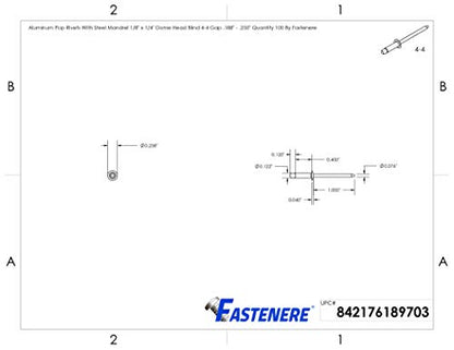 Fastenere Pop Rivets 1/8" x 1/4" (100 pcs) Aluminum Body Steel Mandrel, Heavy Duty, Open End, Low Carbon, Dome Head Blind Rivets, Corrosion Resistant & High Shear Strength, 4-4 Gap .188" - .250" - size: 1/8" x 1/4" (4-4) (100 Pack)