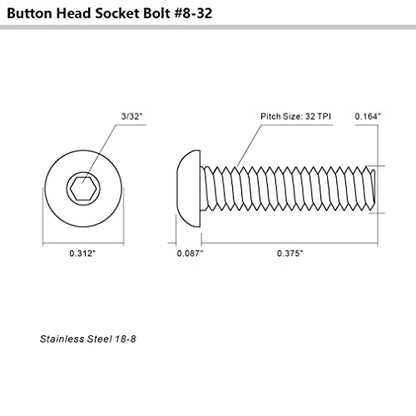 8-32 x 3/8" Button Head Socket Cap Bolts Screws, Stainless Steel 18-8 (304), Bright Finish, Allen Hex Drive, 100 PCS - size: 8-32 x 3/8"