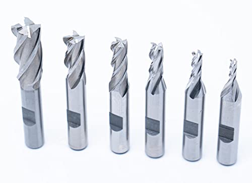 Single End 4 Flute Center Cutting End Mill 6PCS Set 1/8",3/16",1/4",5/16",3/8",1/2" with 3/8" Shank with Plastic Stand