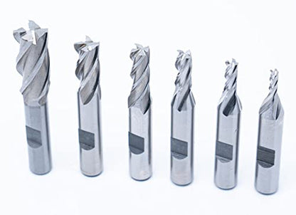 Single End 4 Flute Center Cutting End Mill 6PCS Set 1/8",3/16",1/4",5/16",3/8",1/2" with 3/8" Shank with Plastic Stand