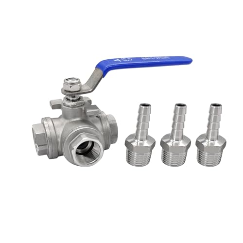 Beduan 3 Way Shut Off Ball Valve with 1/8 Hose Barb 304 SS T Type Three Way - size: 1/8 Barb