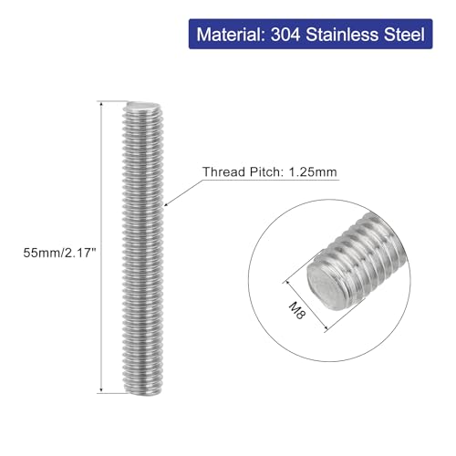 uxcell 8Pcs Fully Threaded Rod, M8 x 55mm 304 Stainless Steel Right Hand Thread Bar Studs M8-1.25 Thread Pitch for Furniture Machinery Assembly - size: M8 x 55mm