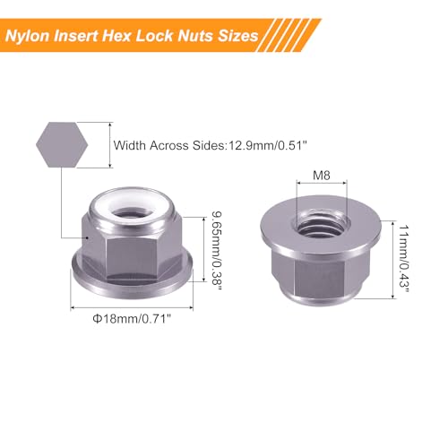 uxcell Nylon Insert Hex Lock Nuts, 10pcs - M8 x 1.25mm Aluminum Alloy Self-Locking Nut, Anodizing Flange Lock Nut for Fasteners(Titanium Gray) - size: M8 x 1.25mm