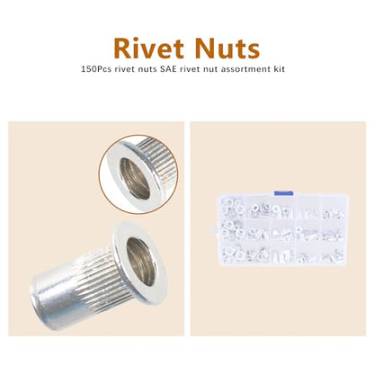 kimllier 150Pcs Rivet Nuts SAE Rivet Nut Assortment Kit Aluminum Threaded