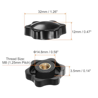 HARFINGTON 6pcs Star Knobs M8 Female Thread 32mm 6-Point Plastic Head Brass Insert Non-Through Hole Screw-in Threaded Hand Knob Clamping Handle, Black - color: Black, size: M8 x 32mm