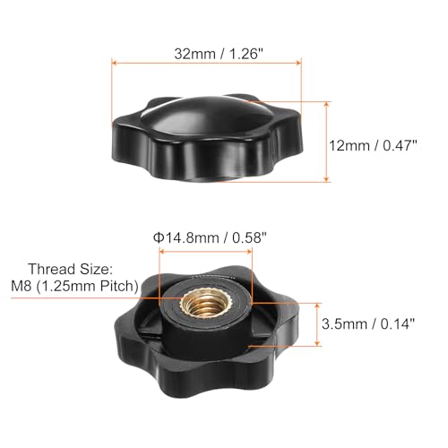 HARFINGTON 6pcs Star Knobs M8 Female Thread 32mm 6-Point Plastic Head Brass Insert Non-Through Hole Screw-in Threaded Hand Knob Clamping Handle, Black - color: Black, size: M8 x 32mm