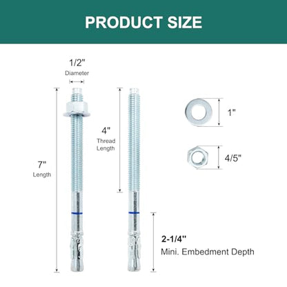 1/2" x 7" Concrete Anchors (25 Pack) 1/2 inch Wedge Anchors Bolts Zinc Plated - size: 1/2"x7"
