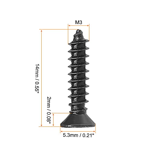 uxcell M3 x 14mm Wood Screws Phillips Flat Head Carbon Steel Self Tapping Screws Black 200pcs - size: M3 x 14mm
