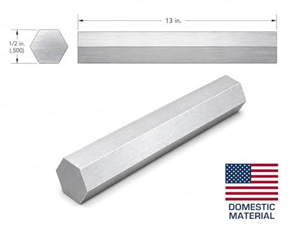6061 Hex USA Aluminum Solid Bar - Extruded Lathe Stock, 13" Length, US Material (1/2") - size: 1/2"