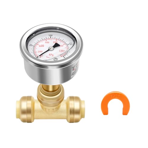 MEASUREMAN Push to Connect Pressure Gauge 0-200Psi Stainless Steel Vibration Proof, 2" Dial Size, with 1/2 Inch Push Fit Plumbing Tee - size: 1/2 Inch Push Fit Plumbing Tee