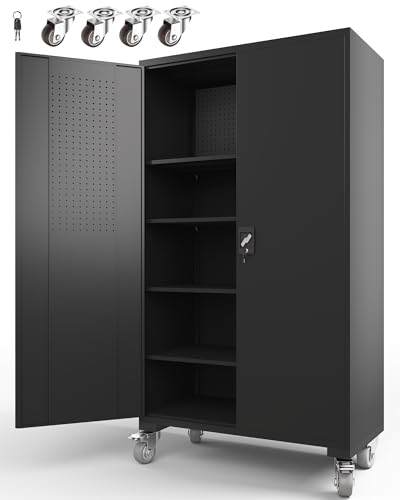 Large Metal Cabinet Two Lockable Doors Four Wheels,Four Adjustable dividers can be Used as Tool File Storage Suitable for garages Schools Gyms Offices