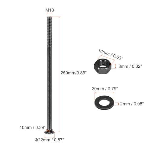 uxcell M10x250mm Square Neck Carriage Bolts with Nuts & Washers, 12Set 304 Stainless Steel Round Head Square Neck Coach Bolt Screws, Black - size: M10x250mm