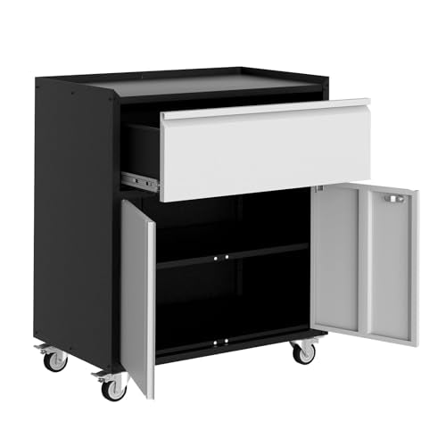 35.43in Duty Metal Garage Storage Cabinet with Wheels and 1 Drawer, Lockable Rolling Tool Cabinet with Adjustable Shelf, Rust-Resistant Steel Utility Cabinet for Garage, Home, Office Workshop - color: Black