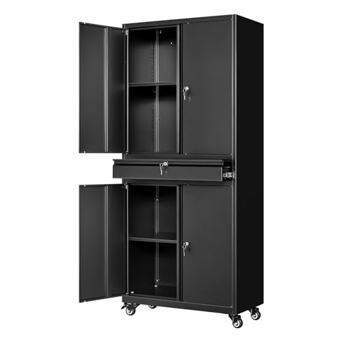 Black Metal Storage Cabinet with Wheels, 73" Tall Garage Rolling Storage Cabinets with Doors and Shelves, Lockable Tool Caninet Steel Locking Cabnets for Home Office, Garage, Pantry - color: Black, size: 73"H x 32"W x 16"D