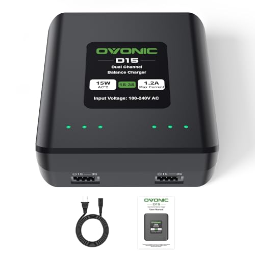 OVONIC D15 Dual LiPo Battery Charger AC 15W 1.2A for 1S-3S LiPo Batteries, RC Battery Balance Charger for RC Cars, Boats, Drones