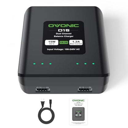 OVONIC D15 Dual LiPo Battery Charger AC 15W 1.2A for 1S-3S LiPo Batteries, RC Battery Balance Charger for RC Cars, Boats, Drones