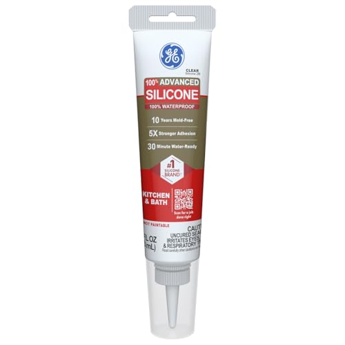 GE Advanced Silicone Caulk for Kitchen & Bathroom, Clear, 2.8 fl oz Tube, 1 Pack - 100% Waterproof Silicone Sealant, 5X Stronger Adhesion, Shrink & Crack Proof - size: 2.8 fl oz (1 Pack), style: Clear