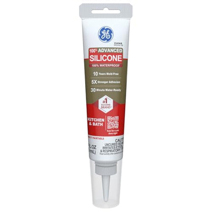 GE Advanced Silicone Caulk for Kitchen & Bathroom, Clear, 2.8 fl oz Tube, 1 Pack - 100% Waterproof Silicone Sealant, 5X Stronger Adhesion, Shrink & Crack Proof - size: 2.8 fl oz (1 Pack), style: Clear