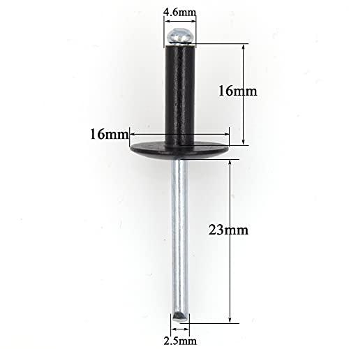 Alloypro 60pcs Black Large Flange Blind Rivets, Aluminum,Flange Diameter 5/8" (16 mm),Pop Rivets Assortment Kit Blind Rivet,3/16" x 5/8",Grip Range(8-12mm) - size: Black 4.8*16mm